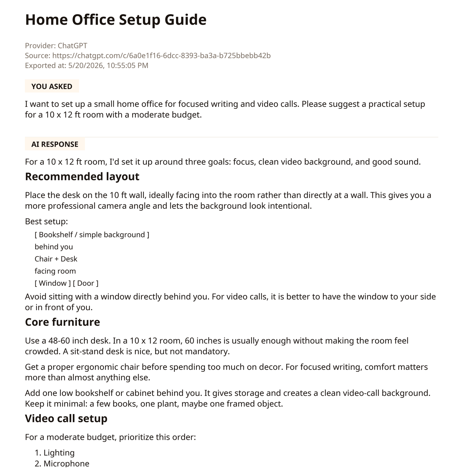 PDF export preview from a ChatGPT home office setup conversation